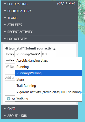 Racer view of activity dropdown showing Running, Walking, Steps, Trail Running, and other enabled activities